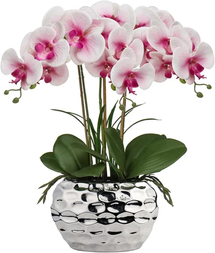 Vista 9 de Briful Orquídeas artificiales de 18 pulgadas, orquídea azul Phalaenopsis grande con macetas de cerámica plateada, flor de orquídea falsa