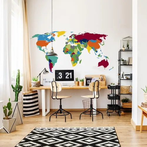 Vista 2 de Calcomanía de pared de mapa del mundo grande, para dormitorio, sala de juegos, habitación de niños, decoración mural – Art of Home removible vinilo