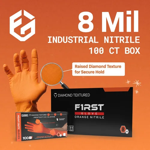 Vista 2 de First Glove 8 Mil Heavy Duty Nitrile Gloves - Diamond Grip - Disposable Gloves for Mechanic, Automotive & Industrial Work