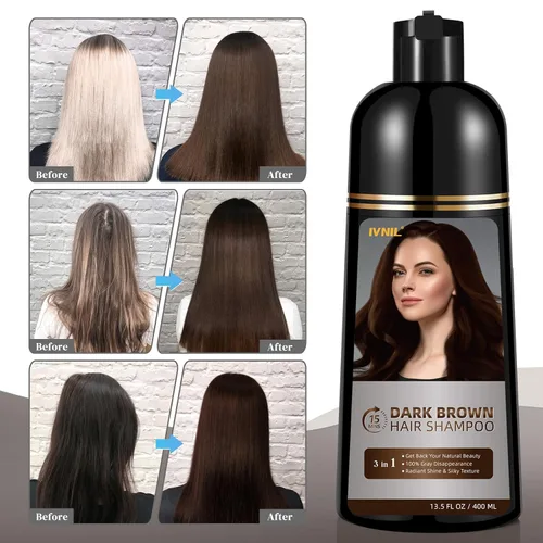 Vista 6 de Ivnil - Champú de tinte para cabello castaño oscuro para cobertura de cabello gris, champú permanente 3 en 1 para canas, Champu con tinte