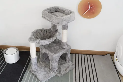 Vista 6 de Pesofer - Árbol para gatos, torre pequeña para gatos con poste de rascar de sisal y hamaca, gris claro