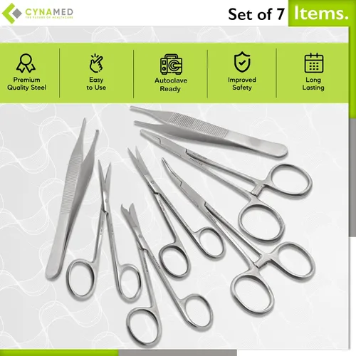 Vista 2 de Juego de 7 piezas: tijeras, pinza, pinza hemostática, porta agujas y destornillador para entrenamiento educativo y procedimientos médicos, fabricado