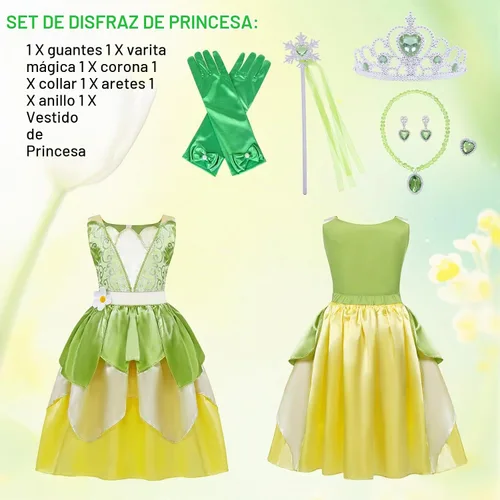 Vista 6 de COTRIO Vestido de princesa de rana de hada verde para niñas, fiesta de cumpleaños, disfraces de elfo de Halloween con accesorios