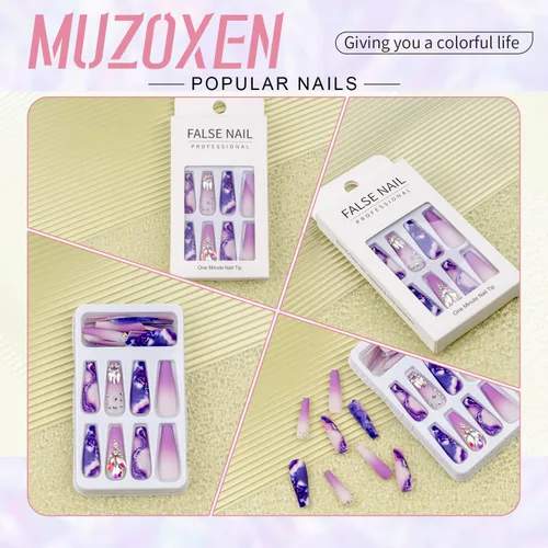 Vista 3 de Uñas postizas extralargas acrílicas cuadradas con diseños de diamantes de imitación, ondas moradas, uñas postizas de ballet con pegamento