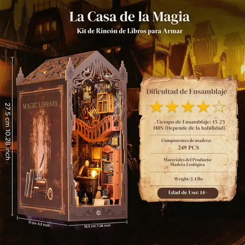 Vista 2 de Kit de rincón de libros, kit de casa en miniatura para bricolaje, casa de muñecas con cubierta antipolvo y luz LED, rompecabezas de sujetalibros