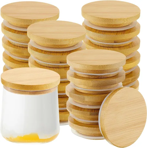 Vista 8 de Juego de tapas para tarros de yogur Sawysine, reutilizables, de bambú y madera, redondas, con anillos de sellado de silicona, compatibles con tarros