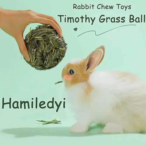 Vista 4 de Hamiledyi Pelota masticable de conejo Timothy Grass Molienda de animales pequeños, juguete masticable para conejos, conejos, hámster, conejillos
