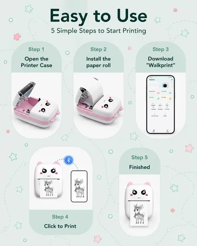 Vista 7 de Mini impresora de calcomanías con 11 rollos de papel, impresora térmica portátil sin tinta Bluetooth con aplicación AI para iPhone y Android