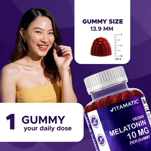 Vista 3 de Vitamatic Melatonina 10 mg por gomita – 60 porciones – 60 gomitas vegetarianas – Suplemento sin hábito