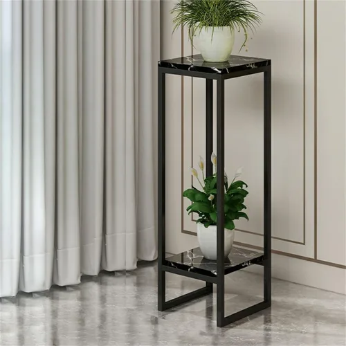 Vista 5 de Mesa cuadrada simple de madera de varios niveles con estante de almacenamiento, soporte para maceta de hierro forjado para sala de estar en Negro