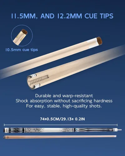 Vista 2 de KONLLEN Maple Pool Cue Stick, Low Deflection with Extension and Case Hard maple shaft, 3/8x8 joint, leather grip, 19-20oz adjustable weight, 8 in
