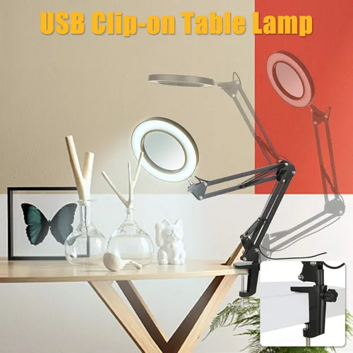 Vista 5 de Lámpara de aumento con abrazadera, 8 lámparas de lupa, 3 colores y 10 brillantes, lámpara LED de lupa ajustable de 19 pulgadas, lámpara de brazo