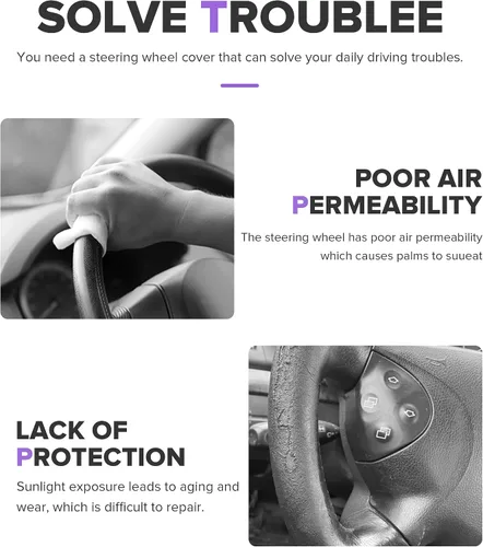 Vista 3 de Funda para volante, accesorios de automóvil, fundas de cuero de microfibra para volante de automóvil, protector universal de 15 pulgadas