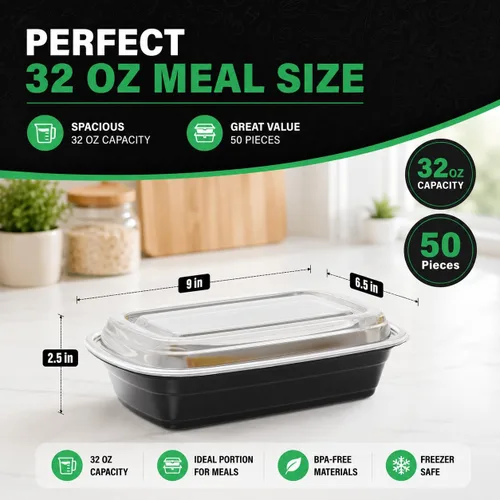 Vista 2 de WUHUIXOZ Contenedor de preparación de comidas, paquete de 50 recipientes de almacenamiento de alimentos de 32 onzas con tapas, caja Bento desechable