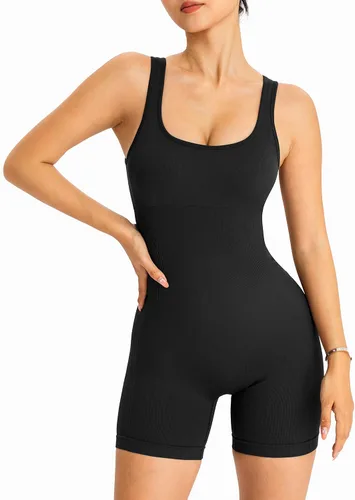 Vista 3 de A AGROSTE Enterizo de entrenamiento de una pieza para mujer, cuello cuadrado, sin mangas, para yoga