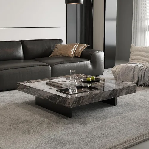 Vista 7 de Mesa de centro cuadrada de 43.3 pulgadas para sala de estar, moderna mesa de centro de piedra sinterizada gris con base de acero al carbono negro