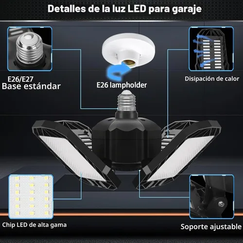 Vista 2 de Paquete de 2 luces LED para garaje, 150W 15000LM 6500K luces LED para taller, luces de garaje de techo LED con 4 paneles deformables, rosca