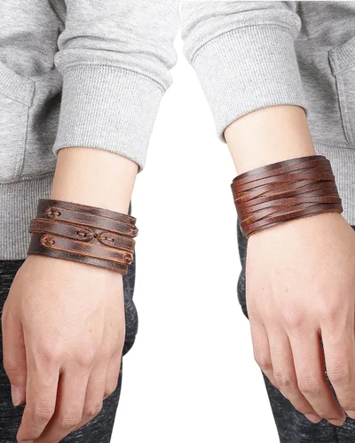 Vista 7 de THUNARAZ 2PCS Leather Cuff Bracelet Wrap Wristband Button Bangle for Men Women Adjustable Wide Brown Belt Punk Bracelet