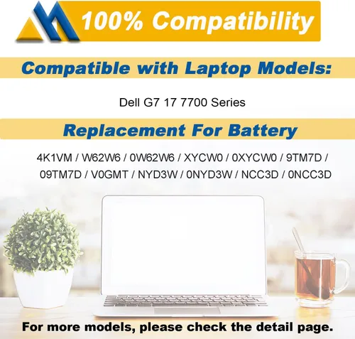 Vista 6 de Reemplazo de batería 97Wh 4K1VM para Dell G7 17 7700 Series Notebook W62W6 0W62W6 9TM7D 09TM7D XYCW0 0XYCW0 V0GMT NCC3D 0NCC3D NYD3W 0NYD3W 11.4V