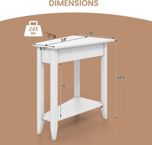 Vista 3 de GOFLAME Mesa auxiliar de cuña de 2 niveles, mesa auxiliar triangular estrecha con estante de almacenamiento, patas de madera maciza, mesita