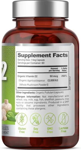 Vista 6 de USDA Organic Vegan Whole Food Vitamina D (D2), 2000 UI (50 mcg), apoyo óseo e inmunológico, hongos enteros expuestos a los rayos UV, 2 ingredientes