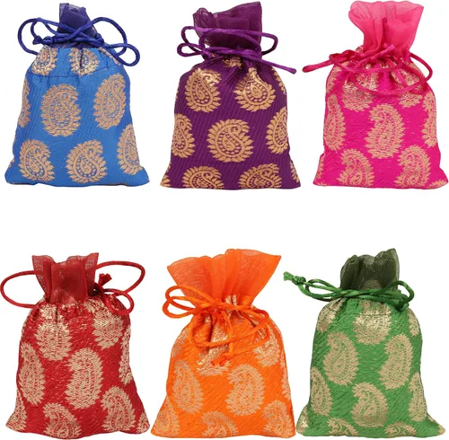 Vista 41 de Touchstone Bolsas con cordón de tela tradicional india, hechas a mano, perfectas para regalos, joyas, bodas, bolsas, bolsas, Potli, -Mimosa