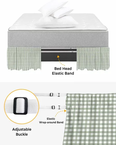 Vista 4 de Falda de cama verde salvia, tamaño Queen de 16 pulgadas de caída, ajustable y elástica envolvente, plisada, con volantes de polvo de lujo para cama