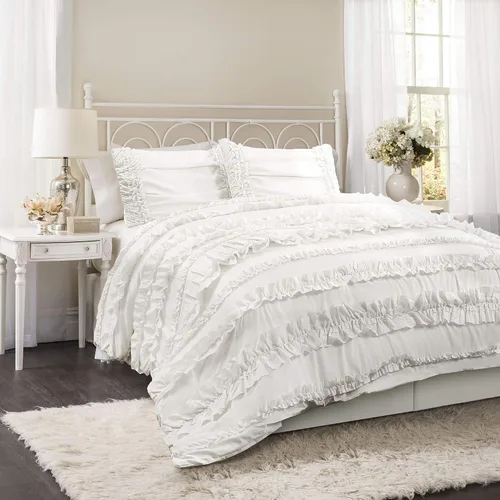 Vista 9 de Lush Decor Belle - Juego de cama de 4 piezas con falda de cama y 2 fundas de almohada, juego de edredón King, color blanco