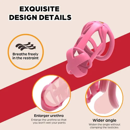 Vista 3 de Dispositivos de jaula de castidad masculina, nueva jaula ergonómica ligera para pene de hombre, jaula de bloqueo de casidad rosa con anillos de 4