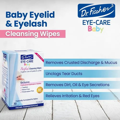 Vista 6 de Dr. Fischer Toallitas prémium para párpados para bebé, 60 unidades, prehumedecidas, hipoalergénicas, no irritantes, sin enjuague, recomendadas por