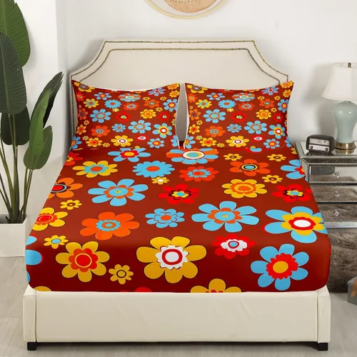 Vista 3 de Juego de sábanas para niñas, tamaño individual, diseño floral bohemio de los años 60 y 70 años, diseño hippie kawaii, decoración de habitación