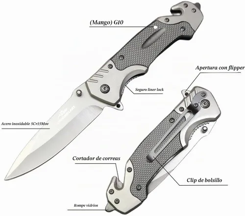 Vista 2 de Cuchillo de bolsillo plegable de 9 pulgadas, cuchillo táctico multiherramienta con hoja de acero inoxidable, mango G10 con rompedor de vidrio, clip