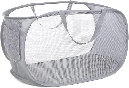 Vista 29 de Cestas de lavandería plegables duraderas, cesta de lavandería desplegable de malla con bolsillo lateral, cesta de ropa plegable con asas