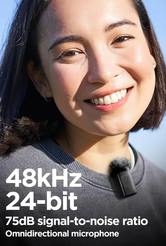 Vista 5 de Micrófono de solapa inalámbrico Lavalier para iPhone/Android/iPad para grabación de video con reducción de ruido/eco/sonido de estudio de 24 bits
