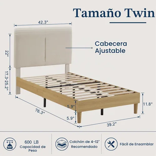 Vista 2 de VECELO Marco de cama tamaño individual tapizado, plataforma con cabecero de algodón y lino ajustable en altura, listones de madera de alta