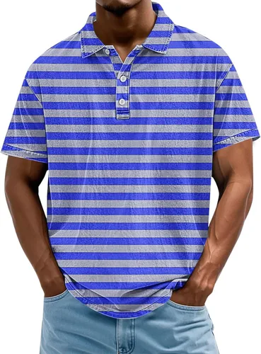 Vista 14 de Camisa polo de manga corta para hombre, camiseta de golf a rayas, de manga corta, para vacaciones, casual, cuello en V, camiseta de verano
