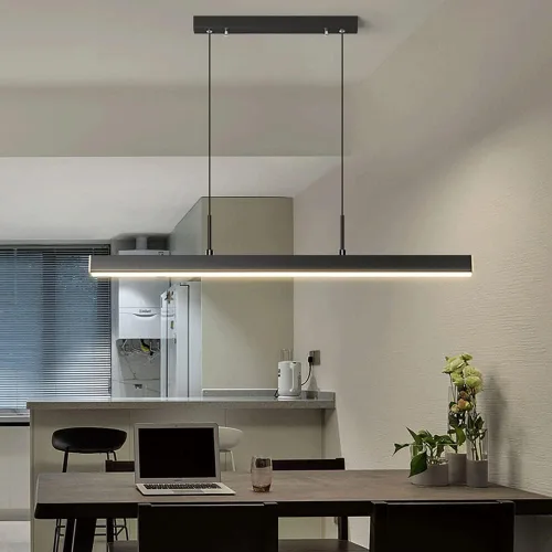 Vista 3 de Isla de cocina negra larga barra colgante Candelabros modernos 4000K luces colgantes creativas lineales lámparas de suspensión para sala de estar
