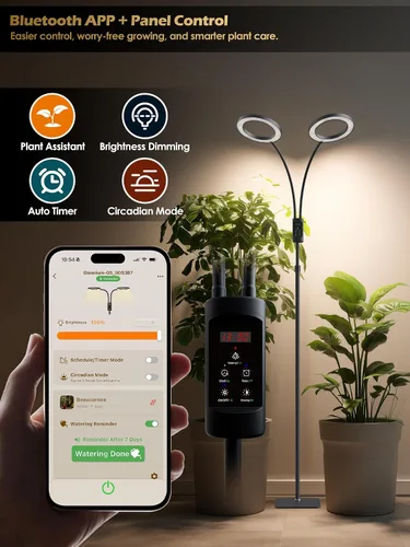 Vista 2 de Luces de Crecimiento Inteligentes para Plantas de Interior, 48W Luz de Planta de 2 Cabezales con Temporizador Automático, Luz LED de Crecimiento