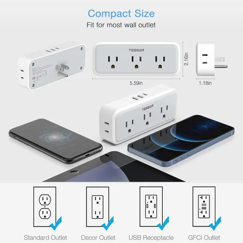 Vista 4 de Extensor de Tomas Múltiples, Cargador de Pared USB C, TESSAN Divisor de Enchufe de Pared con 5 Tomas y 3 USB, Expansor de Energía Eléctrica con Gris