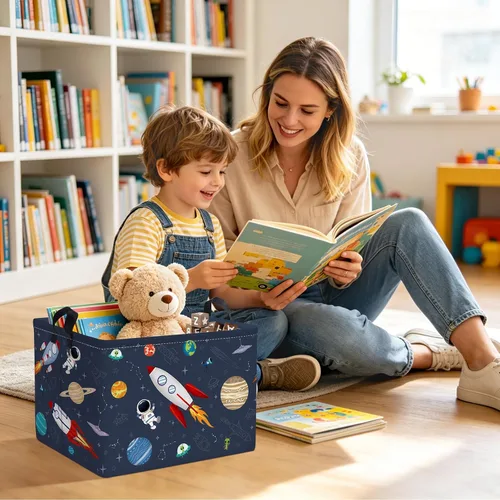 Vista 4 de Clastyle Rocket Astronauta - Cesta rectangular para niños, planeta cósmico, universo, azul, cubo de almacenamiento de juguetes, 36L