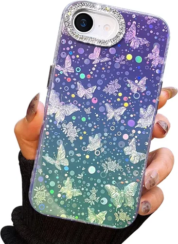 Vista 127 de I-MGAE-IN-AR Funda compacta para iPhone 11, diseño de mariposa, marco de protección de lente de cámara con diamante 3D, bonitas fundas protectoras