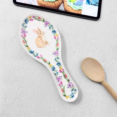 Vista 6 de UP ware - Soporte para cuchara de melamina con diseño floral de conejito para estufa, encimera de cocina y mesa de comedor, 9.625 pulgadas Floral