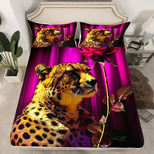 Vista 9 de Erosebridal Juego de sábanas bajeras de rosas rojas y leopardo, tamaño individual, diseño de animales africanos salvajes, diseño de plantas