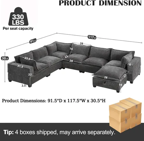 Vista 31 de Sofá modular de 103 pulgadas con 2 consolas acrílicas, juego de sofá en forma de U de gran tamaño con cargador USB, cajones de almacenamiento, Beige