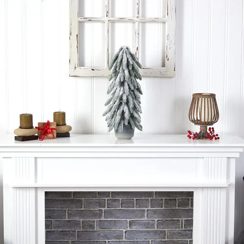 Vista 4 de Nearly Natural Árbol de Navidad artificial flocado de 21 pulgadas en maceta decorativa