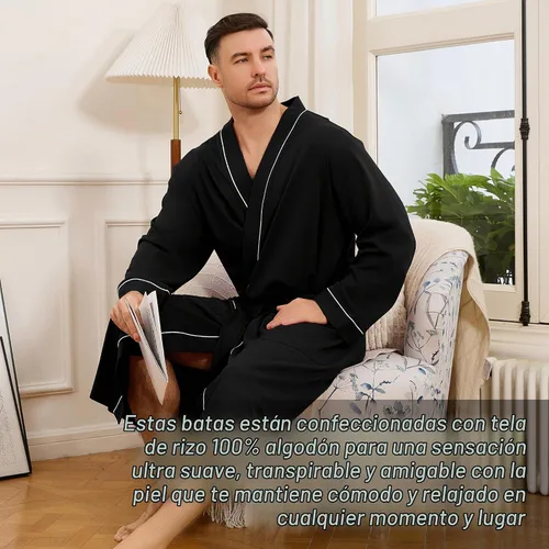 Vista 7 de U2SKIIN Mens 100% Cotton Cozy Robe, Ultra Soft Lightweight Bathrobe for Men Negro