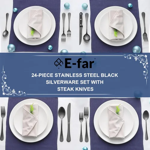 Vista 7 de E-far Juego de cubiertos negros de 24 piezas con cuchillos para carne, cubiertos de acero inoxidable para 4, modernos juegos de utensilios de metal