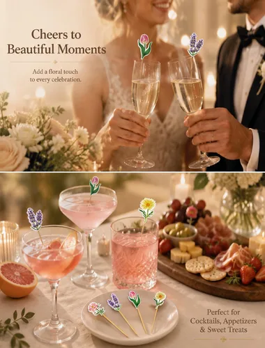 Vista 5 de 100 púas de cóctel florales, brochetas para aperitivos y bebidas