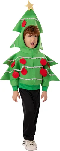 Vista 2 de Sujhwsx Disfraz de árbol de Navidad para niños, disfraz de manga larga con capucha y cremallera frontal, accesorios de ropa
