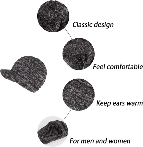 Vista 4 de Unisex Winter Hats with Visor Warm Ski Hat Stylish Knitted Hat for Men and Women